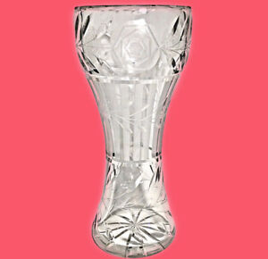 Antique Crystal Corset Vase 12 Engraved Roses Daisies 5 Lbs Rare