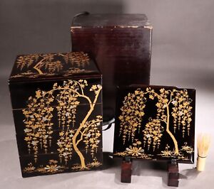 Antique Japanese Lacquerware Wooden Makie Staking Box Gold Sakura Meiji Era