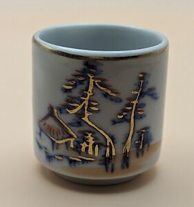  Vtg Htf Japanese Tea Ceremony Futa Oki Saki Cup Blue Underglaze Gold Trim 