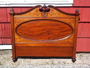Vintage Art Nouveau Mahogany Marquetry Inlay Pediment Full Double Headboard Bed