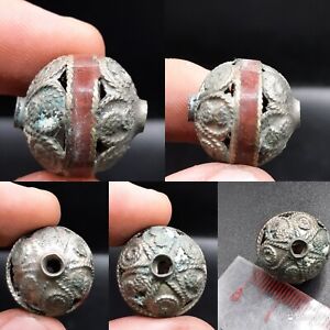 Lovely Ancient Near Eastern Gilded Bronze Bead With Stones Inserts