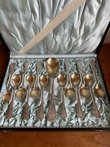 Cased Set 12 Antique Wmf Silver Plated Art Nouveau Ice Cream Spoons Lg Spoon