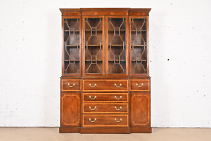Baker Furniture Carved Mahogany Breakfront Bookcase Cabinet With Secretary Desk