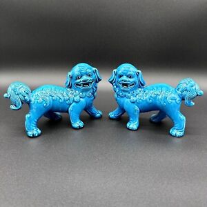 Chinese Asian Foo Fu Dogs Lions Turquoise Blue Glazed Porcelain Statues Pair 377