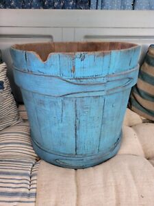Primitive Old Wooden Bucket In Blue