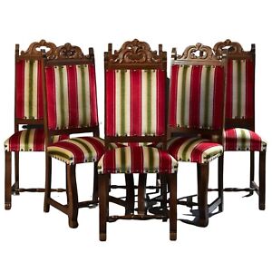 Chairs Dining Spanish Renaissance Style Set Of Six Carved Oak Vintage 1900