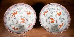 Antique Pair Of Chinese Enameled Porcelain Koi Fish Bowls Very Large Heavy 