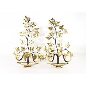 Vintage Brass Wall Scone Candelabra Pair Naturalistic Brass Candle Scone