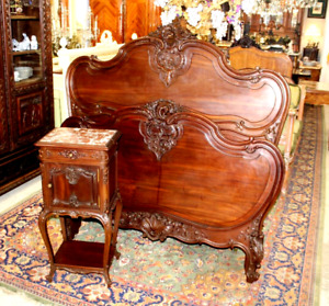 Exquisite French Antique Carved Mahogany Louis Xv Queen Size Bed Nightstand