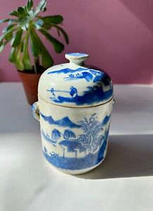 Vintage Chinese Hand Painted Blue And White Porcelain Tea Caddy Container