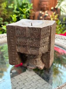 Antique Old Wooden Hand Crafted Floral Candle Stand Candle Holder