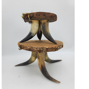 2 Antique Primitive Western Steer Cow Horn Tri Leg Wood Display Tables 6 5 