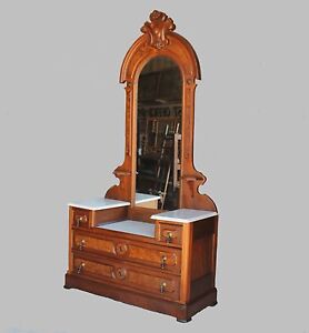 Antique Victorian Walnut Dresser With Marble Tops Deep Well Center