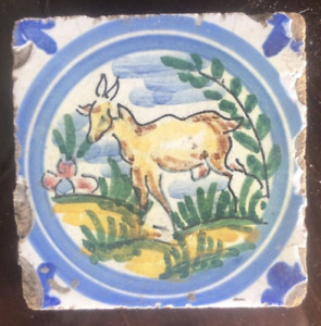 Antique Small Dutch Delft Deer Tile Tin Glaze Polychrome 17th Or 18th Century