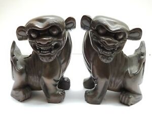 Pair Of Antique Carved Wood Foo Dog Bookend Statues