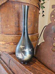 Vintage Asian Japanese Black Mixed Metal Vase Bronze With Birds And Mountains