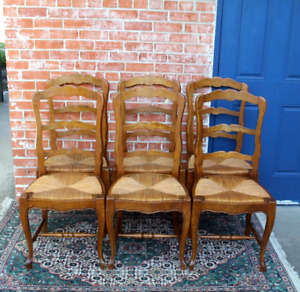 Set Of 6 French Louis Xv Antique Oak Rush Seat Dining Chairs