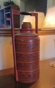 Antique Burmese Myanmar Tiffin Box 4 Tiers Red Lacquer Intricate Scenes