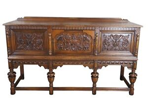 Antique Jacobean English Revival Carved Oak Buffet Sideboard Server Credenza