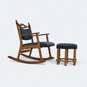 1970s Danish Design Oak Wood Rocking Chair With Footstool Furniture Wool 