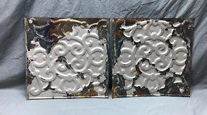 Antique Vintage Pair Shabby Tin Ceiling Silver Panels 18 Sq Chic Old 524 24b
