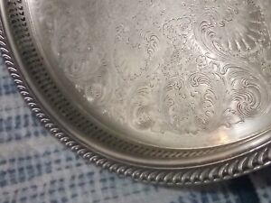 Vintage Round Etched Rare Silver Plated Butler Service Tray 