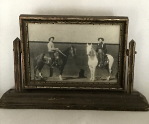Antique Wooden Tilt Swivel Picture Frame With Photo Of Cowboys On Horses