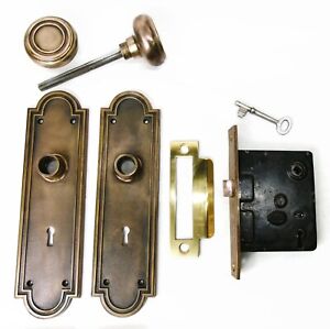 Antique Door Set Victorian Eastlake Backplate Knob Mortise Lock Key Reclaimed