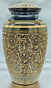 Cremation Urn For Human Ashes With Gold Engraving Hand Made In Brass Black G