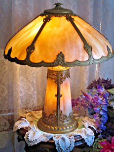 Antique Original Lighted Base Slag Glass Electric Panel Lamp