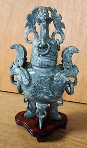 Antique Chinese Carved Incense Burner Soapstone Lidded W Rings 9 5 