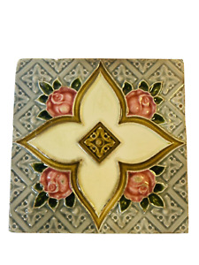 Antique Gristal Art Pottery Tile H R Johnson 6 Sq Majolica England Rose 662
