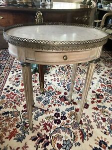 French Louis Xv Oval Side Table Marble Top Drawer Brass Whitewashed