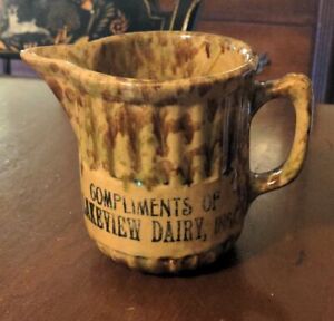 Lakeview Dairy Antique Advertising American Stoneware Pottery Pitcher Spongeware