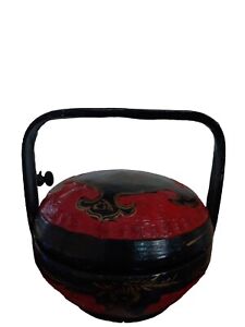 Vintage Chinese Peranakan Wedding Basket Hand Painted Black Lacquer Red Bamboo