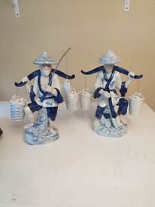 Vintage Chinese Porcelain Figurine Asian Man Woman W Water Buckets 13 Tall