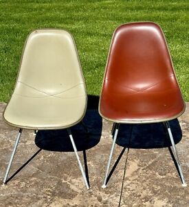 Two Vintage 1972 Eames Herman Miller Upholstered Naugahyde Shell Side Chairs