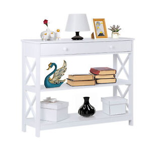 3 Tier Console Table W Drawer Narrow Entryway Table Wooden Sofa Side Table White