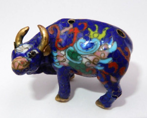Vintage Chinese Blue Cloisonne Copper And Enamel Bull Statue Figurine