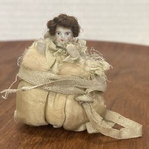 Antique Bisque Doll Pin Cushion Real Hair Handmade Dress Jointed