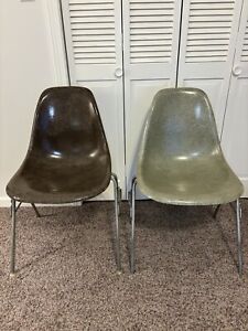 Pair Vintage Herman Miller Eames Fiberglass Chair Green Brown Mcm Stackable