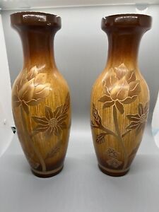 Pair Of Vintage Chinese Hand Painted Brown Lacquer Urn Vase Flowers 12 Tall