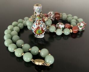 Vintage Jade Cloisonn Beads Necklace Vase Pendant Sterling Clasp 28 