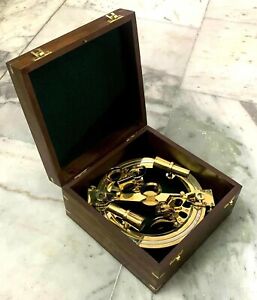 Round Antique Brass Sextant Navigation Nautical Marine Vintage W Wooden Box