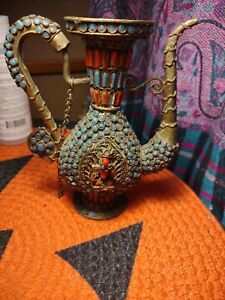 Antique Tibetan Turquoise And Coral Tea Pot Water Pitcher