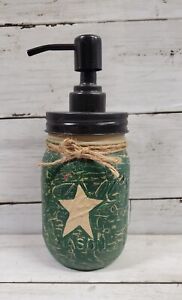 Primitive Crackle Green Tan Star Mason Jar Soap Dispenser Choice Top