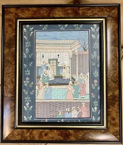 Beautiful Framed Vintage Indo Persian Painting On Silk Court Scene 35cm X 30cm
