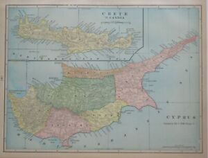 Original 1902 Map Cyprus Nicosia Limassol Famagusta Larnaka Crete Candia Salino
