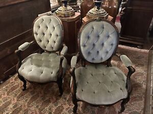 Pair Of French Lxv Style Antique Blue Velvet Bronze Mounts Chairs Circa 1890