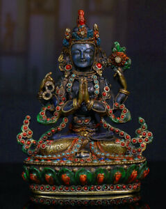 6 Old Tibet Lapis Lazuli Copper Gilt Inlay Gem 4 Arms Chenrezig Buddha Statue